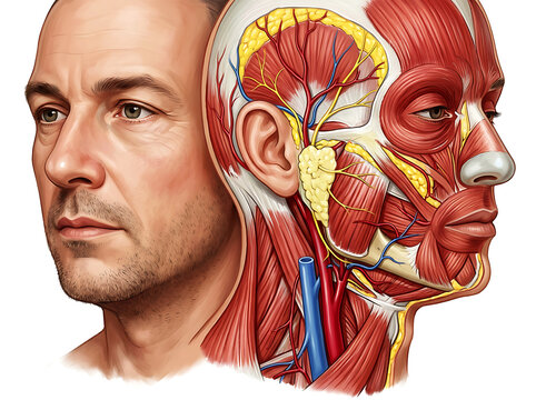 Detailed anatomical cross-section of human head and neck muscles