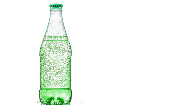 Refreshing green carbonated beverage bottle isolated with effervescent on transparent background