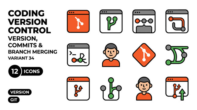 Coding Version Control Branch Merging and Commits 12 Icons Set