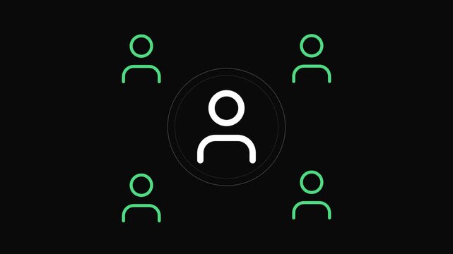 Team network icon animation with white leader and green members pulsing on black background for corporate social group connection.