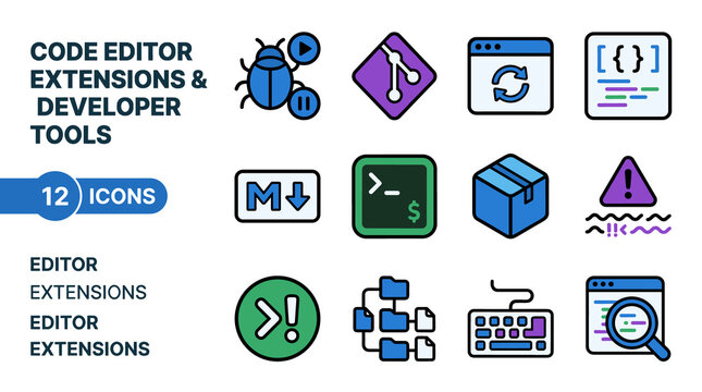 Collection of 12 Pixel Art Icons Representing Code Editor Extensions and Developer Tools