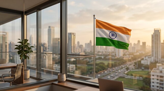 Modern Living Room with Indian Flag and City View