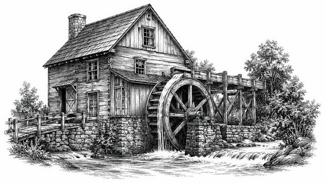 Historic watermill with wooden water wheel beside flowing river engraving sketch vintage rural illustration