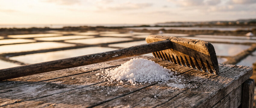 Artisanal sea salt harvest with wooden rake on coastal salt pans at golden hour