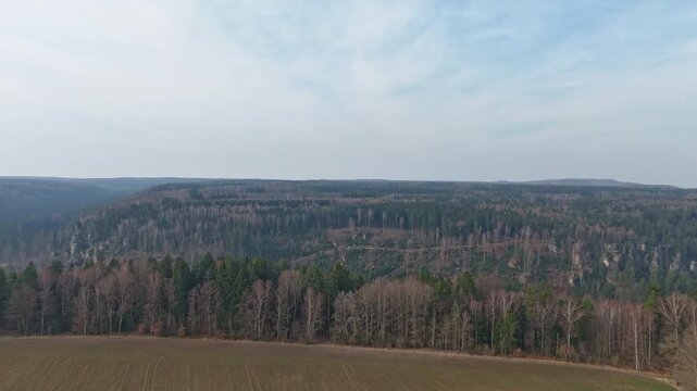Hyperlapse - Aerial view of scenery in the Saxon Switzerland - Elbe Sandstone Mountains - Germany