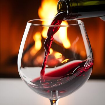 Servir vino tinto de una botella en una copa frente a una chimenea encendida