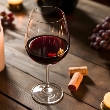 Copa de vino tinto en mesa de madera r&uacute;stica con corchos, uvas y velas encendidas