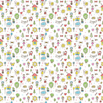 Patr&oacute;n sin costuras con garabatos infantiles coloridos de casas, ni&ntilde;os, animales y flores