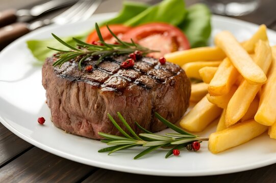 Jugoso filete de carne a la parrilla con patatas fritas, romero y verduras en un plato blanco