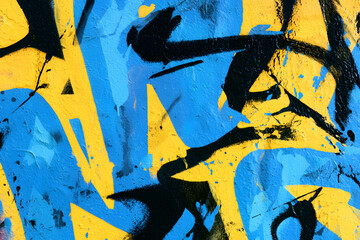 Urban graffiti wall in blue, yellow, and black colors, 90s, Y2K style, street art, grungy texture. Posters, digital art, social media, modern 90s, 2000s, Y2K creative banner, summer visuals. © Selvam