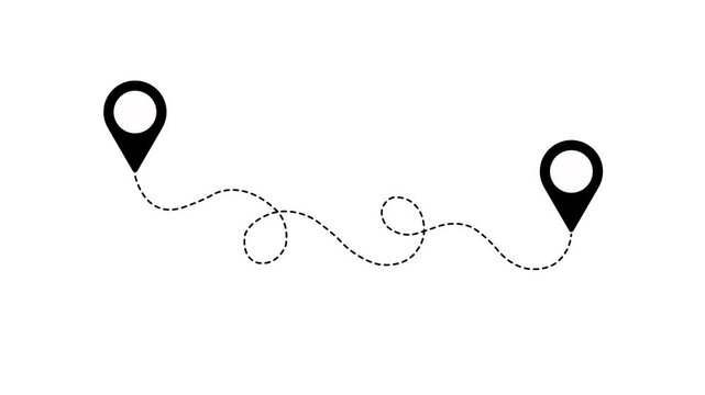 Map Pin Location Route Animation with Dashed Line Path Between Two Pins on Clean White Background for Travel and Navigation Concepts.