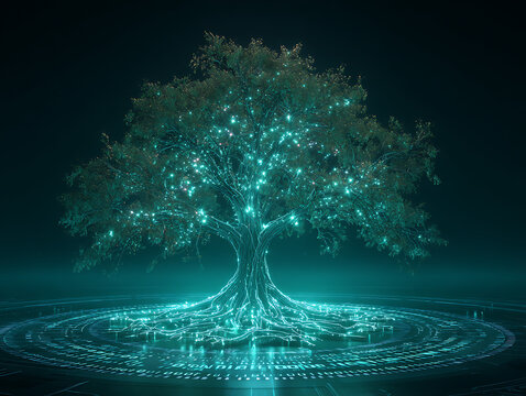 Glowing digital tree with teal bioluminescent leaves on circuit board background.