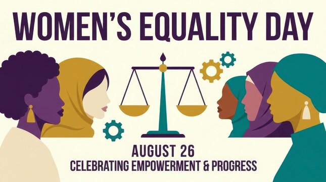 Women's Equality Day illustration with scales and diverse faces