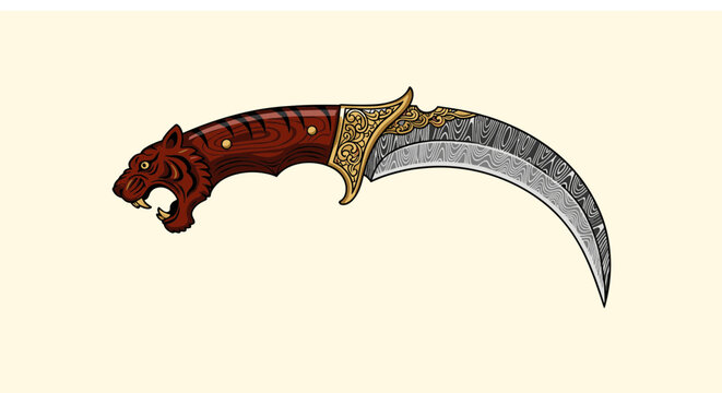 Tiger head handle kerambit vector with damascus steel blade