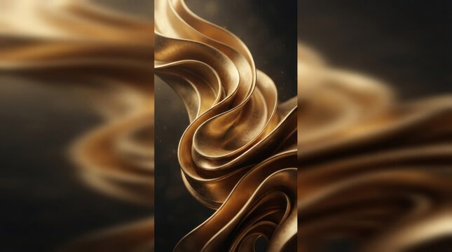 Abstract golden wavy liquid on dark background.