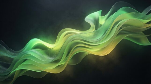 Abstract green and yellow glowing waves on black background.