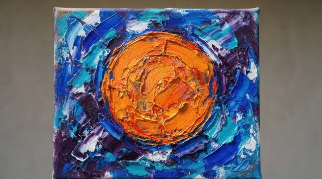 Abstract impasto oil painting of orange sun on blue.