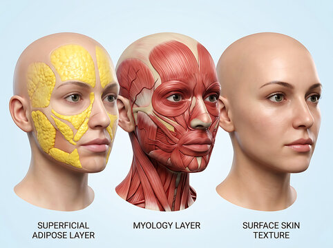 Female face anatomy layers showing skin, muscle, and adipose tissue