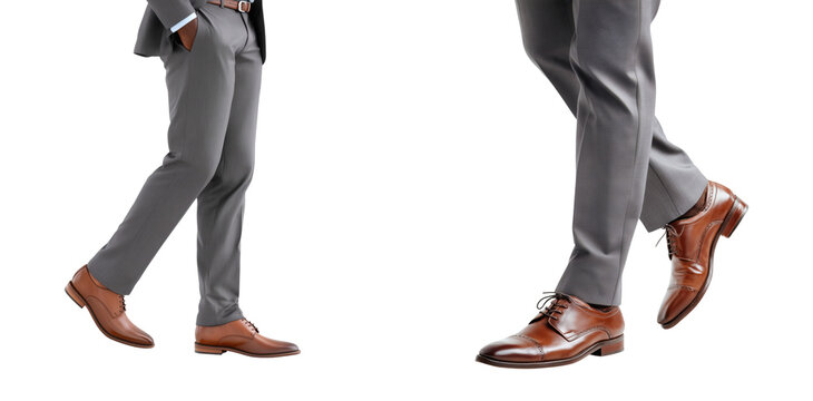 Professional businessman walking in grey formal trousers and brown leather dress shoes isolated