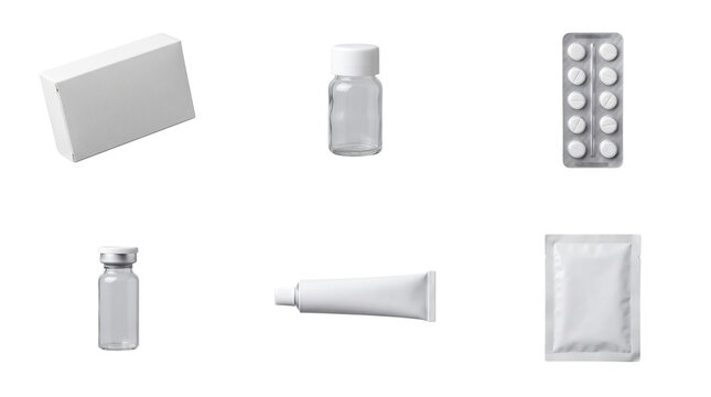Blank Medical Packaging Mockup Set with Medicine Box Bottle Blister Pack Tube Sachet Isolated Cutout PNG