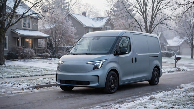 Electric cargo van on snowy suburban street