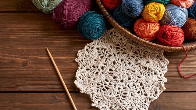 Colorful yarn balls and crochet doily on wood