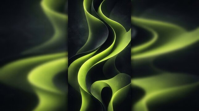 Abstract neon green smoke waves on black background