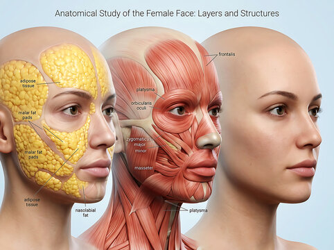 Female face anatomy layers, frontal view, skin and muscle structure