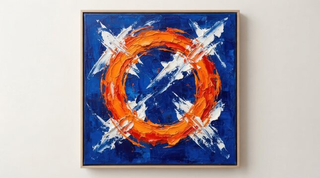 Abstract oil painting with orange circle on blue.