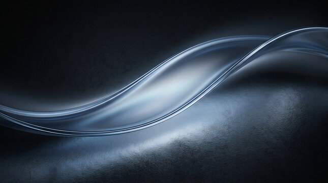 Metallic silver wave on dark textured background, elegant chrome flowing lines, abstract futuristic steel curve for corporate technology backdrop