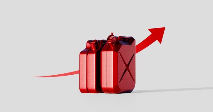 3D Render of Red Fuel Canisters with Upward Arrow Symbolizing Price Increase