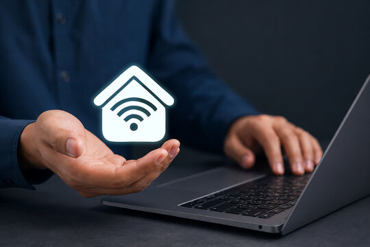 User controlling smart home via smartphone with Iot interface, representing home automation, wireless connectivity, energy efficiency, and secure control of lighting and devices.