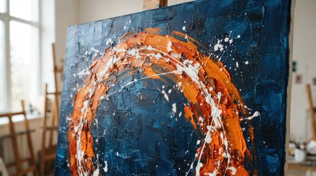 Abstract textured canvas painting in art studio