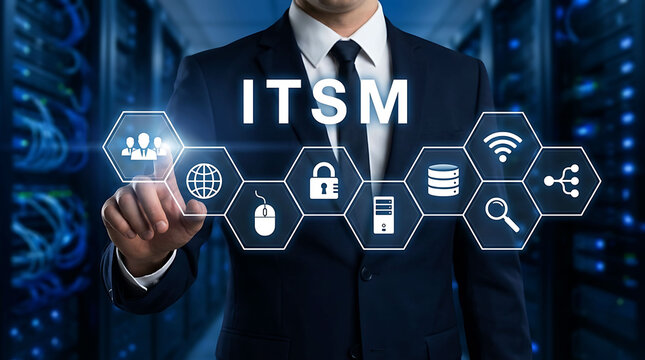 Businessman touching ITSM icon virtual screen IT service management infrastructure concept