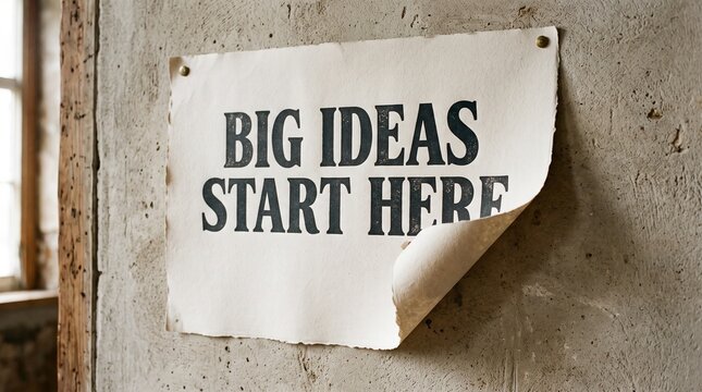 Old sign saying big ideas start here on weathered wall