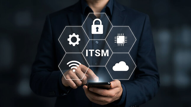 Businessman using smartphone with ITSM IT service management icons concept
