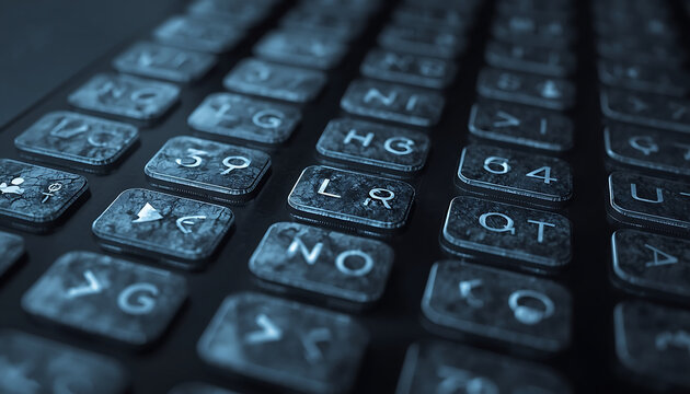 Close up of a weathered computer keyboard. Worn out laptop keys with faded letters and texture.