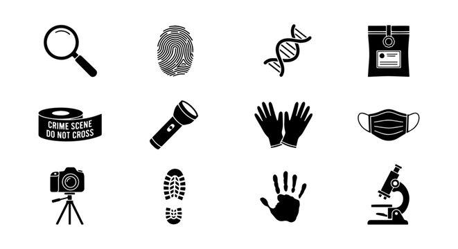 Forensic Science Icons Set: Magnifying Glass, Fingerprint, DNA, Evidence Bag, Crime Scene Tape, Microscope, Camera, Footprint, Handprint, Gloves, Mask