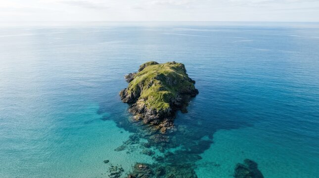 Aerial view of a green island in blue sea.