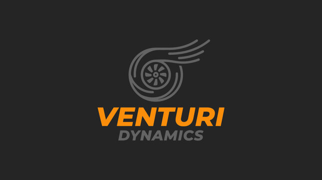 Modern Turbocharger Icon and Venturi Dynamics Typography Logo for Automotive Performance Branding