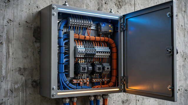 Open electrical control panel with organized wiring on concrete wall