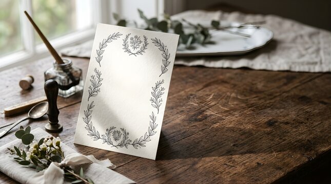 Blank wedding invitation card with floral border on a rustic wooden table
