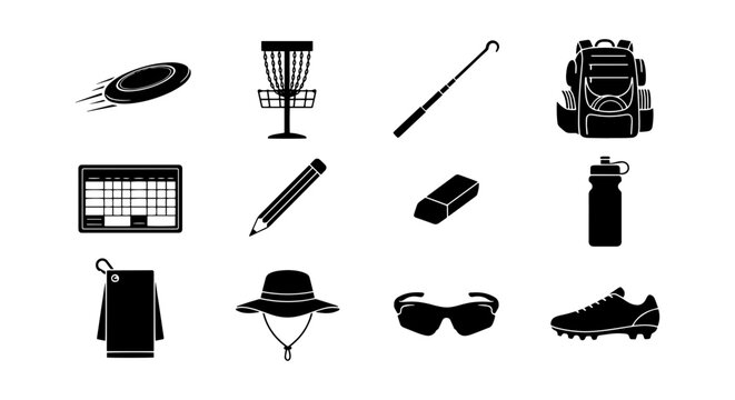 Disc Golf Gear Icons, Sports Equipment Vector Set, Outdoor Activity Collection