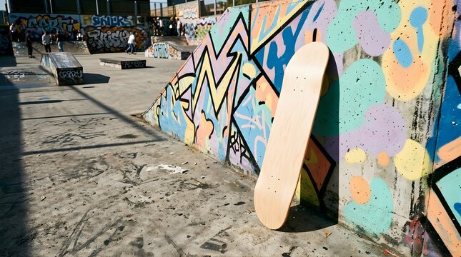 Blank wooden skateboard deck leaning against colorful graffiti skatepark