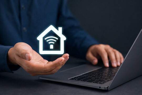 User controlling smart home via smartphone with Iot interface, representing home automation, wireless connectivity, energy efficiency, and secure control of lighting and devices.