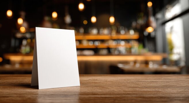 Blank table tent sign on wooden restaurant bar. Marketing mockup for cafe promotion.