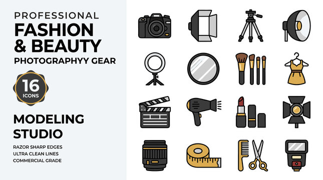 Collection Of Pixel Art Icons Representing Professional Fashion And Beauty Photography Gear