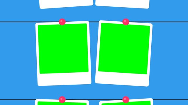 Polaroid Photo Frames Pinning on Line with Green Screen Centers Vertical Scrolling Animation on Blue Background for Video Gallery Displays.