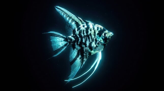 Angelfish swimming in dark aquarium environment.