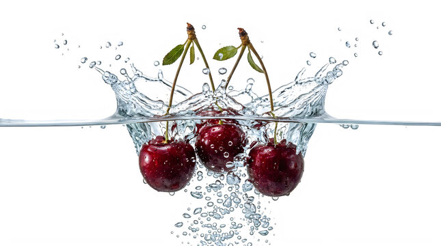 Fresh cherries emerging from water splash with green leaves transparent background